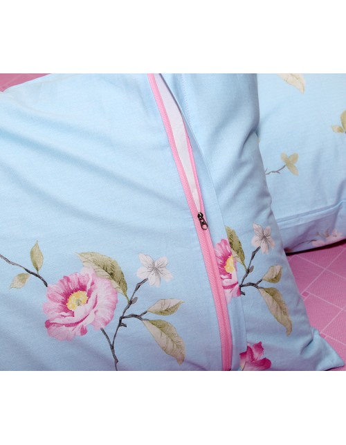 Євро комплект постільної білизни блакитного кольору з квітами, Сатин люкс