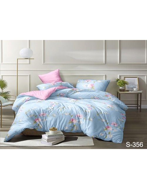 Євро комплект постільної білизни блакитного кольору з квітами, Сатин люкс