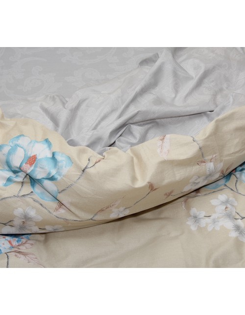 Євро комплект постільної білизни бежевого кольору з квітами, Сатин люкс