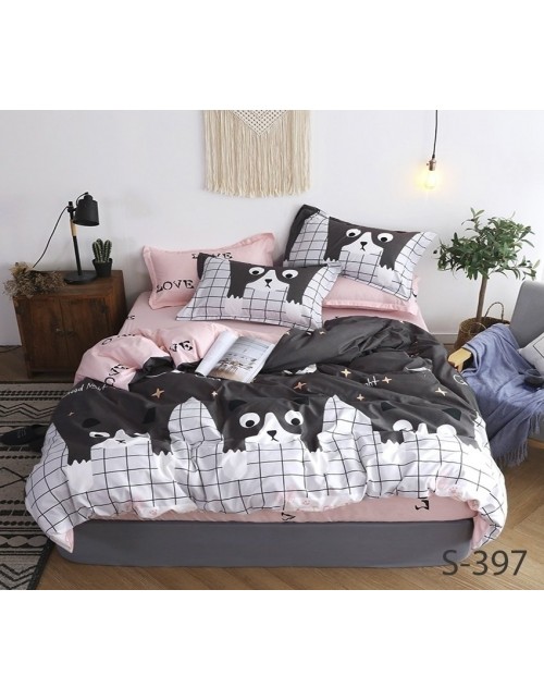 Евро комплект постельного белья в клетку с собачками, Сатин люкс