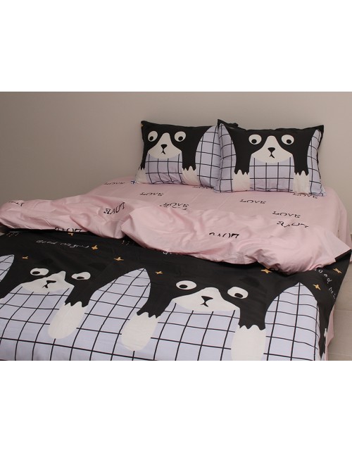 Евро комплект постельного белья в клетку с собачками, Сатин люкс