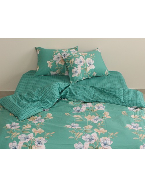 Евро комплект постельного белья зеленого цвета с цветами, Сатин люкс
