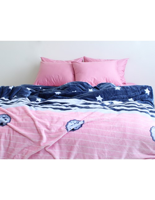Євро комплект постільної білизни зима-літо синьо-рожевого кольору із зірками, Сатин